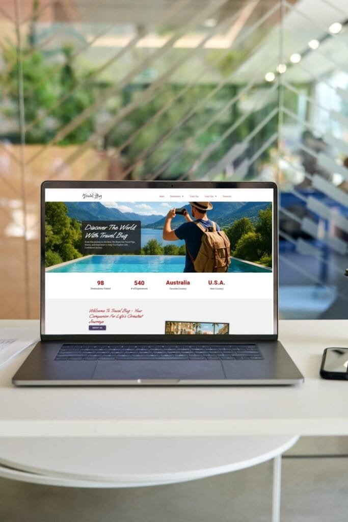 Laptop showing the TravelBug travel booking homepage in a sleek office setting with glass wall background.