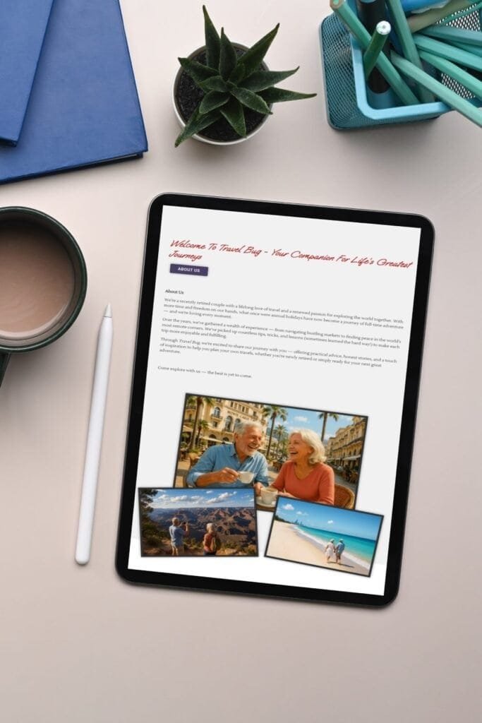 iPad displaying the TravelBug travel booking website on a modern office desk with stylus, coffee, and stationery.