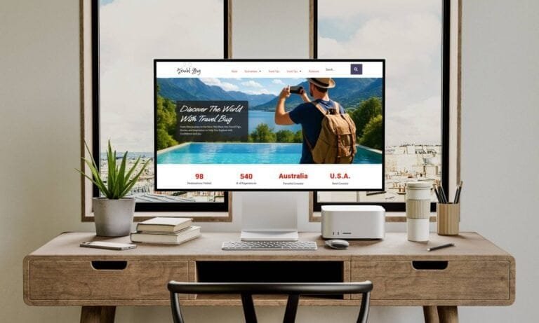 Modern wooden desk with a desktop computer showing the Travel Bug travel blog homepage, featuring a scenic view of a traveler taking photos by an infinity pool overlooking mountains.