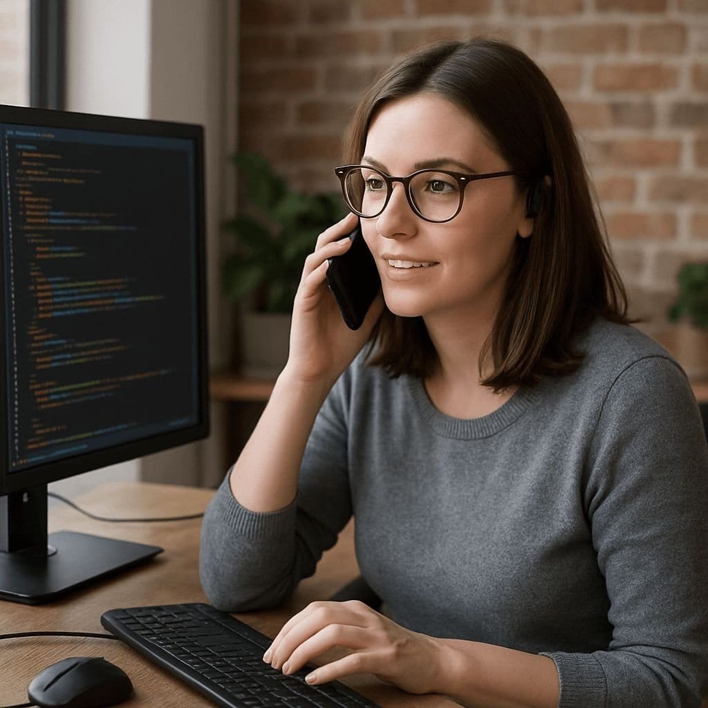 Female web developer wearing glasses, talking on the phone while coding on a desktop computer in a modern workspace.