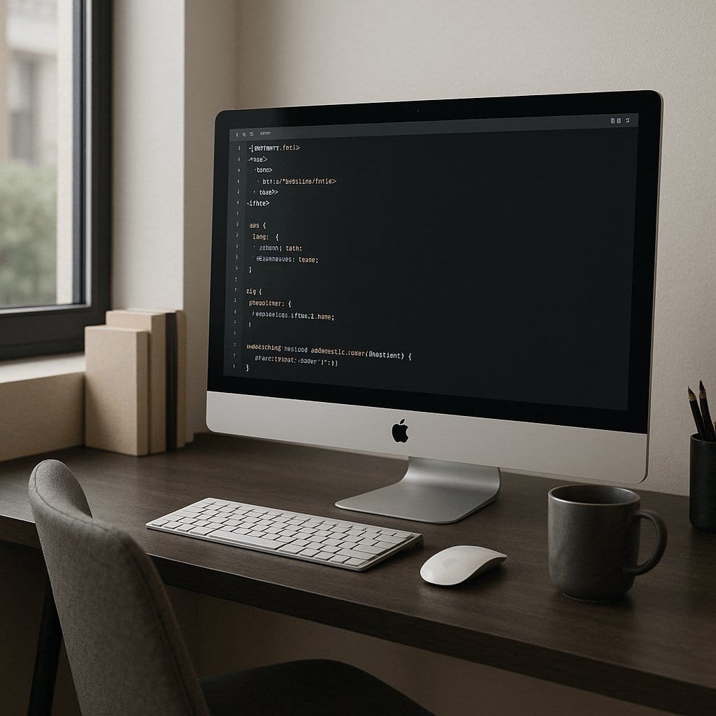 Modern home office setup with an iMac on a wooden desk, showing code on the screen, alongside a wireless keyboard, mouse, coffee mug, and books near a window.