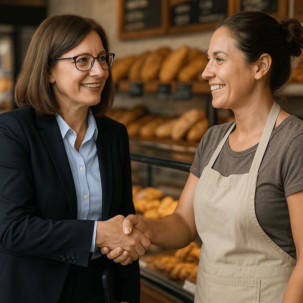 Smiling businesswoman in a suit shaking hands with a female baker wearing an apron inside a bakery with shelves of bread in the background.