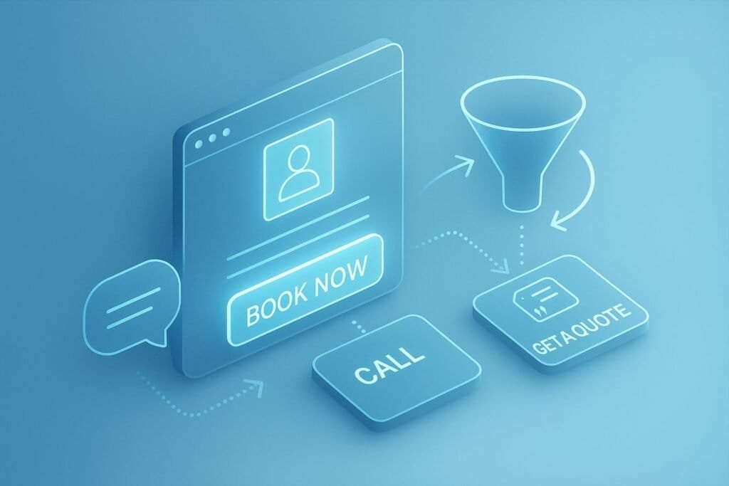 Blue isometric illustration showing a website interface with “Book Now,” “Call,” and “Get a Quote” buttons connected to a funnel icon, representing lead generation flow.
