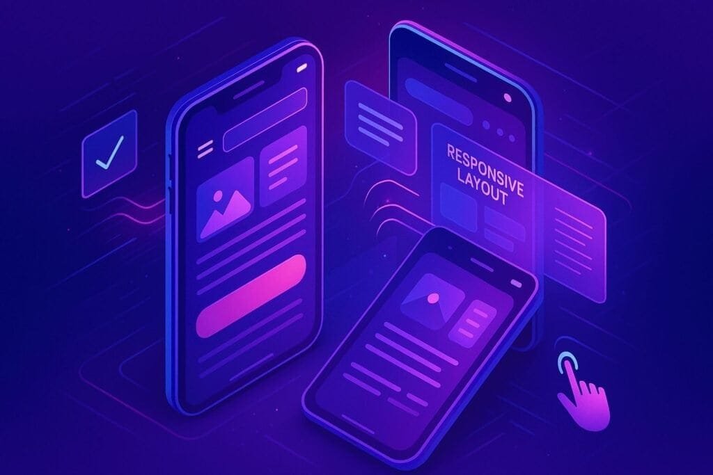 Neon-style illustration of multiple smartphones displaying responsive website layouts, with interface elements floating around them in purple and pink gradients.