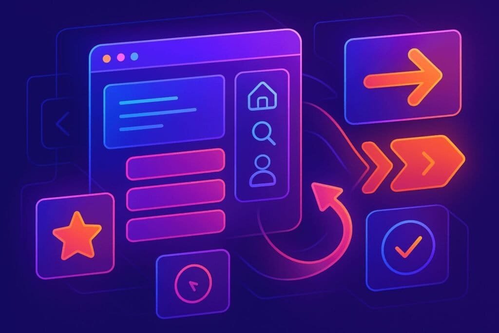 Vibrant neon illustration of a website interface with navigation icons, directional arrows, and interactive elements in purple, pink, and orange gradients.