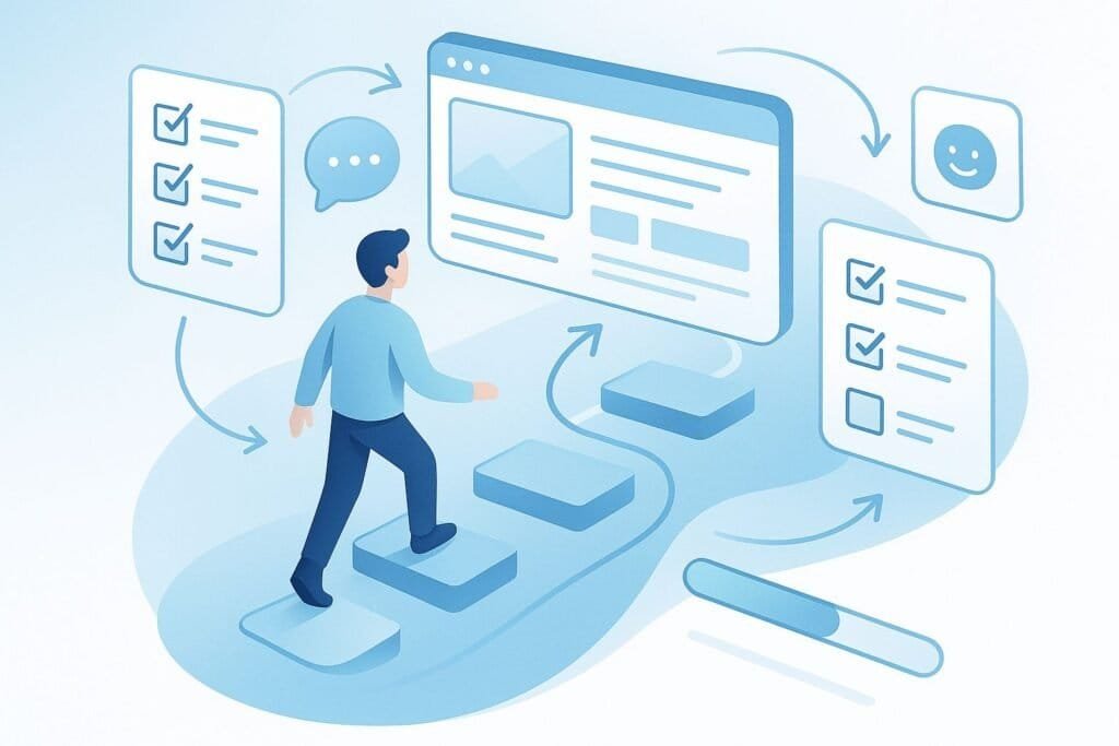 Blue-toned illustration of a person walking through a step-by-step website process, with checklists, arrows, and a web interface symbolizing a smooth design experience.