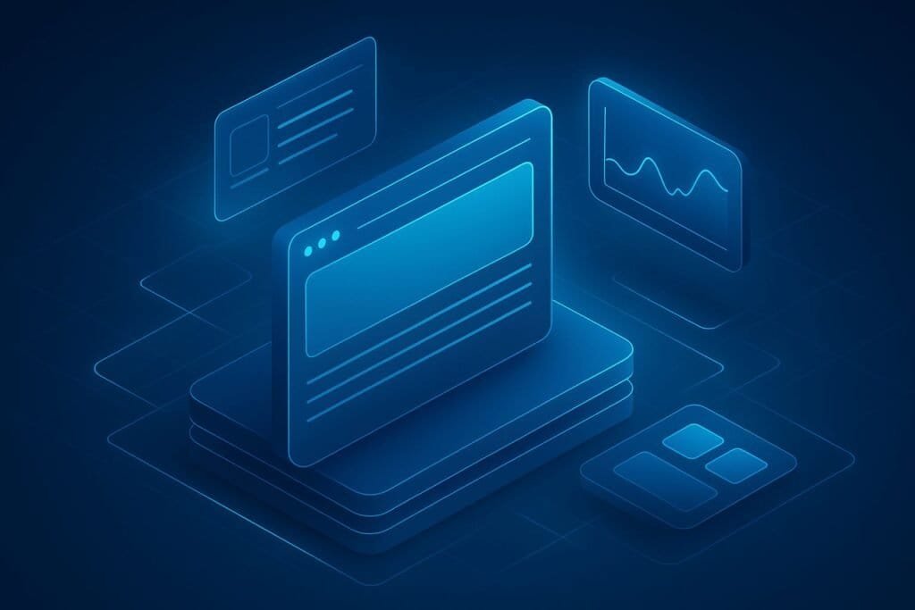 Blue 3D-style isometric illustration of a website dashboard with interface panels, charts, and widgets floating above layered screens.