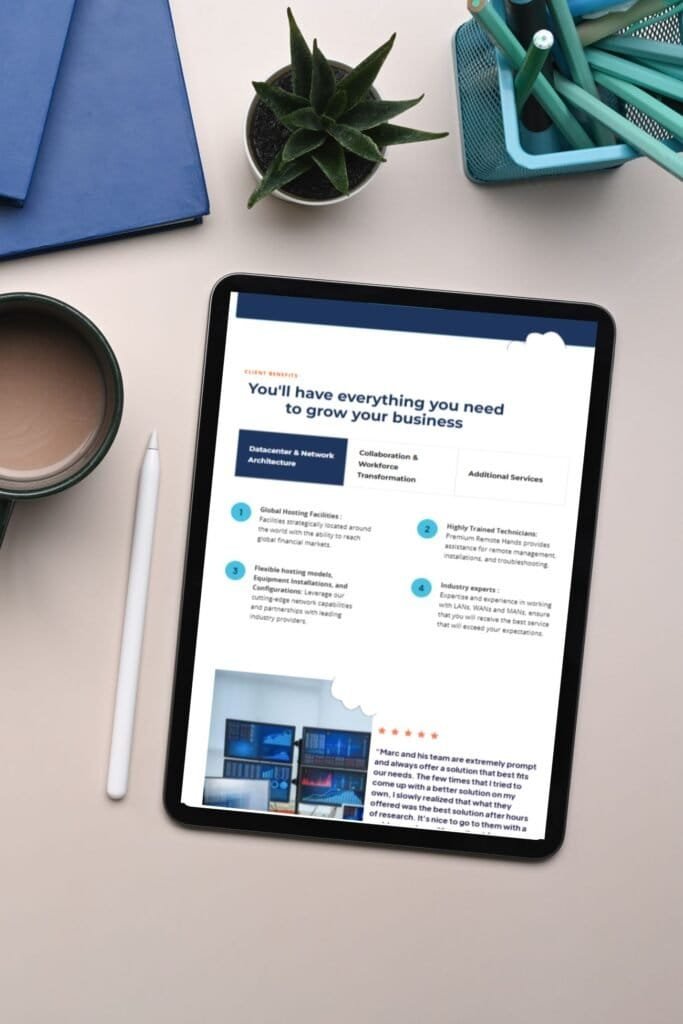 Tablet on a desk displaying the Universal Technology Solutions services page, listing client benefits such as global hosting facilities, highly trained technicians, flexible hosting models, and industry expertise, alongside an image of multiple computer screens and a customer testimonial.