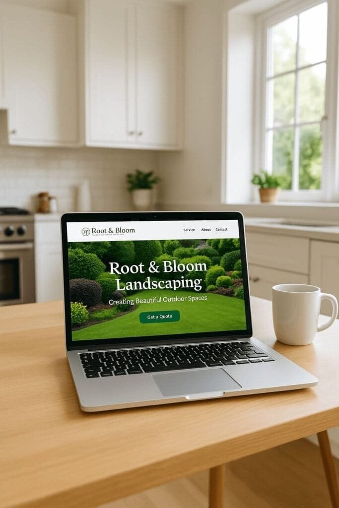Laptop on kitchen table showing a landscaping homepage