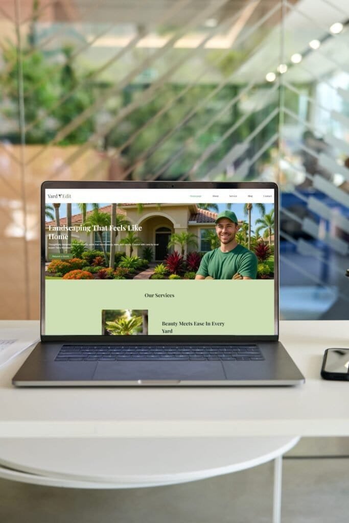 Laptop displaying the Yard Edit landscaping services homepage in a bright, modern office environment.