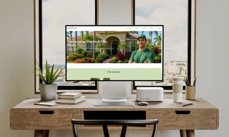 Computer monitor on a wooden desk displaying the Yard Edit landscaping website homepage, featuring a smiling landscaper in front of a tropical garden with the headline “Landscaping That Feels Like Home.”