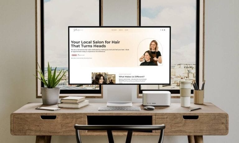Desktop mockup of Julie’s Hair Salon website shown in a modern workspace setting, highlighting the homepage design with clear service messaging, friendly imagery, and a soft, welcoming color palette.