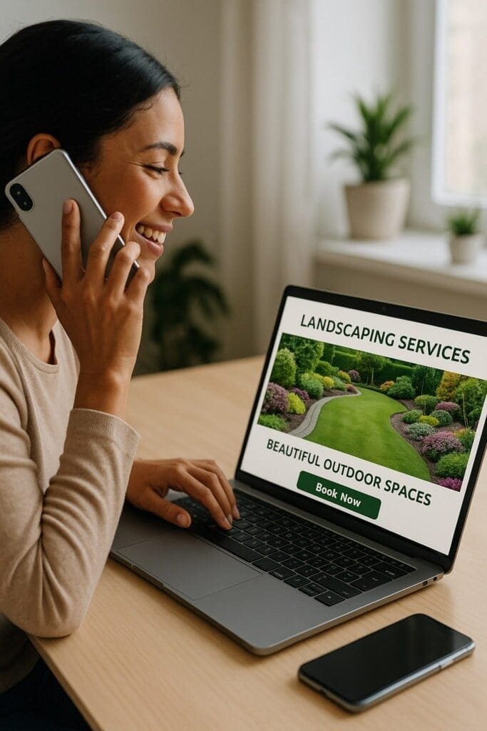 Small business website user booking a service — woman smiling while on the phone and browsing a landscaping website on her laptop.