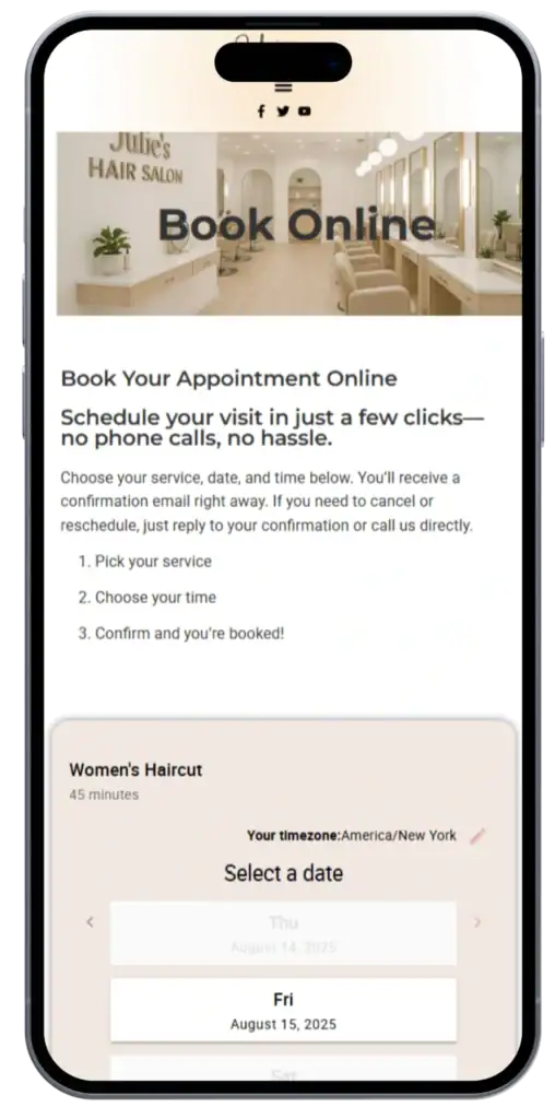 iphone displaying the online booking page for a hair salon.