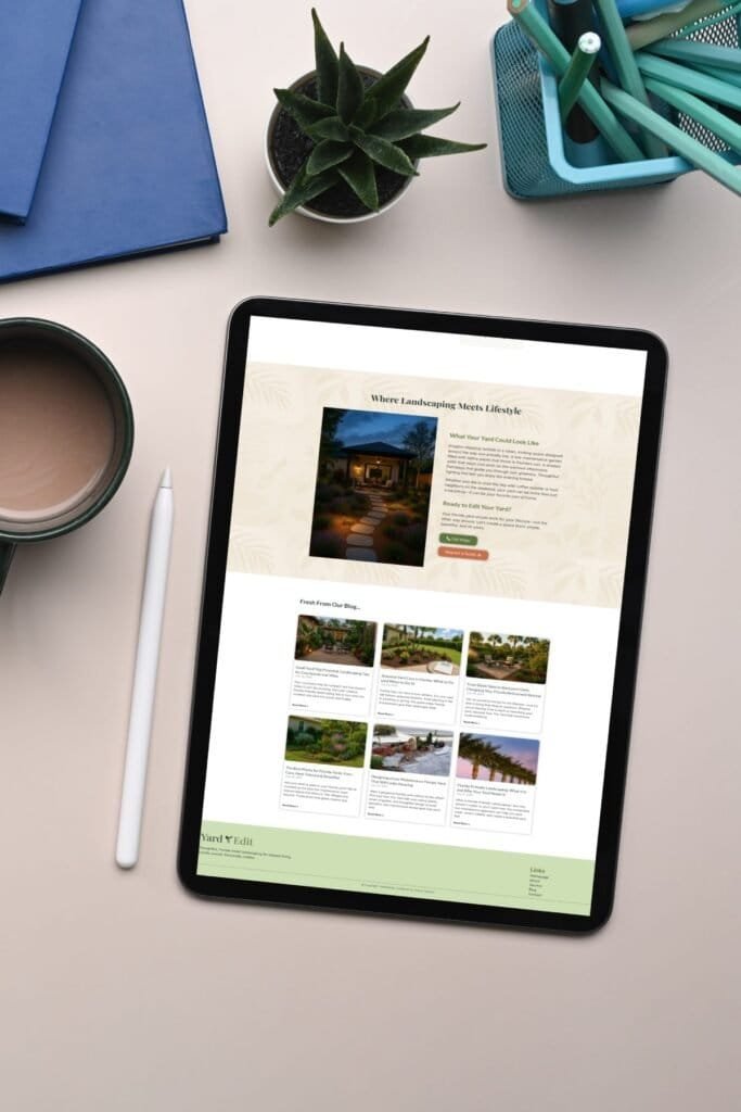 iPad with the Yard Edit landscaping website on screen, placed on a desk with coffee, notebook, and stylus.