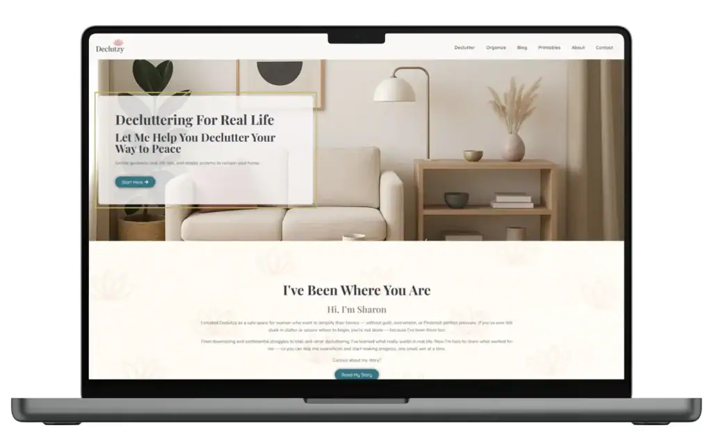 Laptop displaying the redesigned Declutzy homepage with a neutral, minimalist living room scene and soft beige tones, highlighting decluttering services.