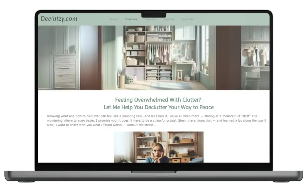 Laptop showing the original Declutzy homepage with a green header and cluttered storage room background, introducing decluttering help and tips.