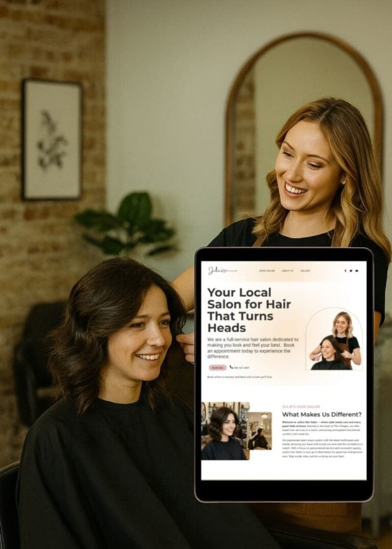 Smiling hair stylist working on a client’s hair in a salon while displaying the salon’s website on a tablet screen.