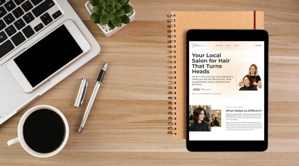 A tablet displaying the Julie’s Hair Salon homepage sits on top of a spiral-bound kraft notebook on a wooden desk. Surrounding items include an open laptop with a smartphone on the keyboard, a cup of black coffee, a silver pen with its cap off, and a small potted succulent plant, creating a neat and stylish workspace scene.