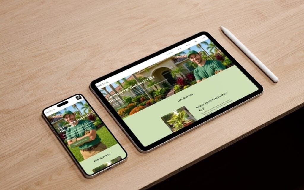 A tablet and smartphone display The Yard Edit landscaping website on a light wooden desk. The screens show a smiling landscaper in a green shirt and cap standing in front of a Florida home with lush, colorful plants. A white stylus rests beside the tablet, emphasizing a clean, modern workspace.