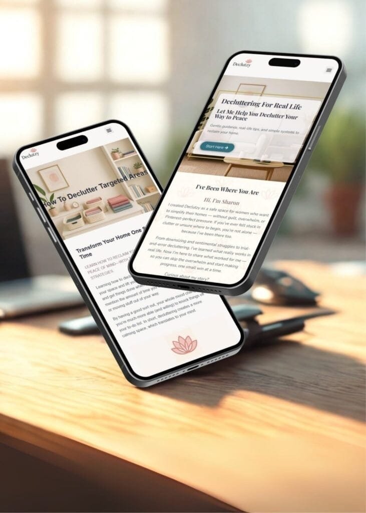 Two smartphones displaying the Declutzy decluttering website, featuring homepage and blog content with soft, calming visuals, placed on a wooden desk in a warmly lit office environment.