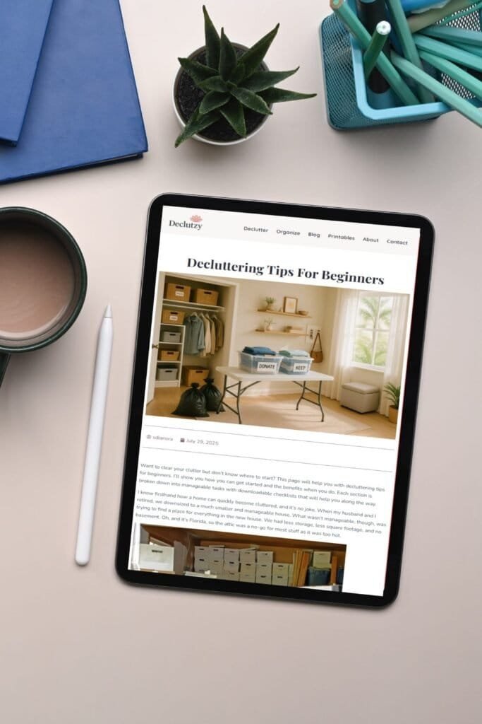 iPad on a desk beside a coffee cup, notebook, and plant, displaying the Declutzy blog post titled “Decluttering Tips For Beginners” with an image of an organized room and labeled donation and keep boxes.