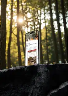 Hand holding an iphone displaying the Dog Care Knowledge website.