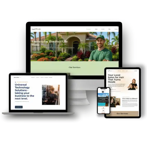 Four responsive website mockups displayed on a desktop, laptop, tablet, and smartphone. Designs include a landscaping service ("Yard Edit"), a tech solutions company ("Universal Technology Solutions"), a local hair salon, and a travel blog. Each layout adapts seamlessly to its device, showcasing modern, user-friendly design.