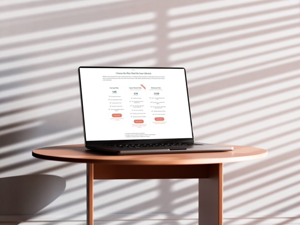 Laptop showing the In the Bubble Home Watch pricing page with three service tiers — Startup, Smart Watch, and Platinum — designed by Webspirely to highlight value, clarity, and easy plan selection for homeowners in The Villages, Florida.