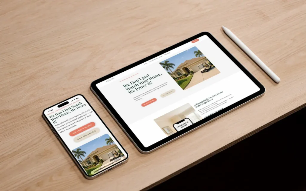 Tablet and smartphone showing the In the Bubble Home Watch website homepage with the headline “We Don’t Just Watch Your Home. We Prove It,” demonstrating responsive web design by Webspirely.