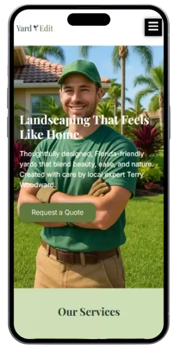 iphone displaying a landscapers homepage with call to action