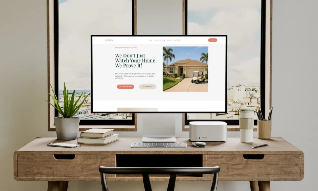 Desktop computer displaying the In the Bubble Home Watch homepage with the headline “We Don’t Just Watch Your Home. We Prove It,” showcasing a professional, trust-focused website design created by Webspirely.