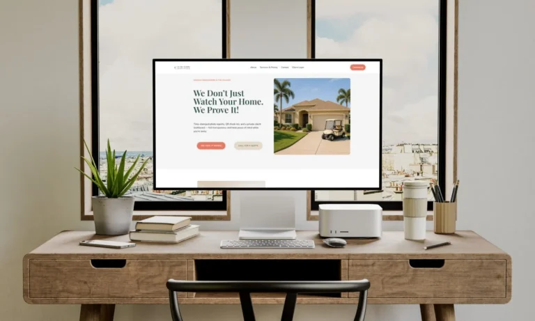 Desktop computer displaying the In the Bubble Home Watch homepage with the headline “We Don’t Just Watch Your Home. We Prove It,” showcasing a professional, trust-focused website design created by Webspirely.